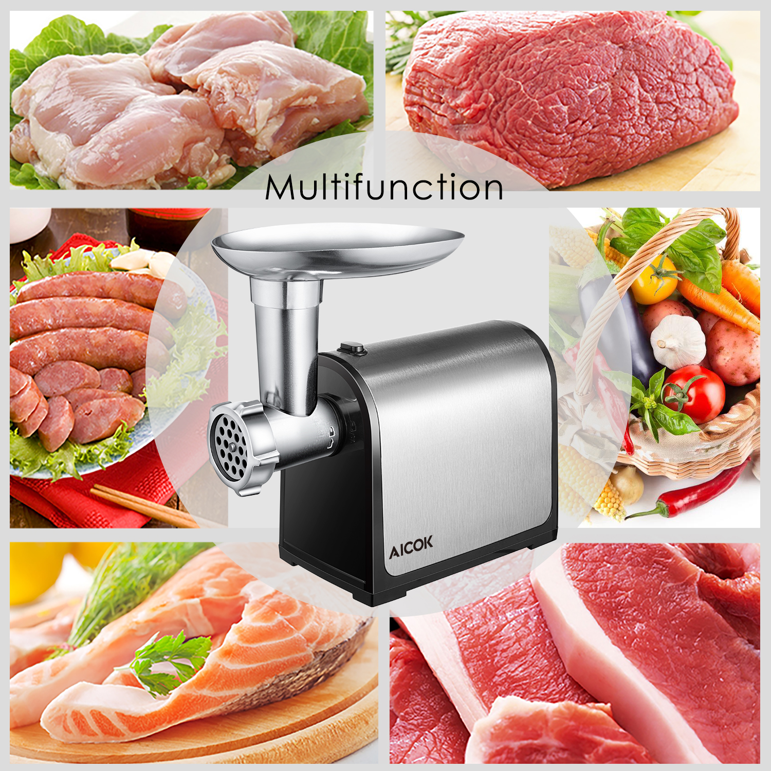 3-IN-1 AICOK Meat Grinder Electric 2000W Max 3 Grinding Plates /& 2 Blades,